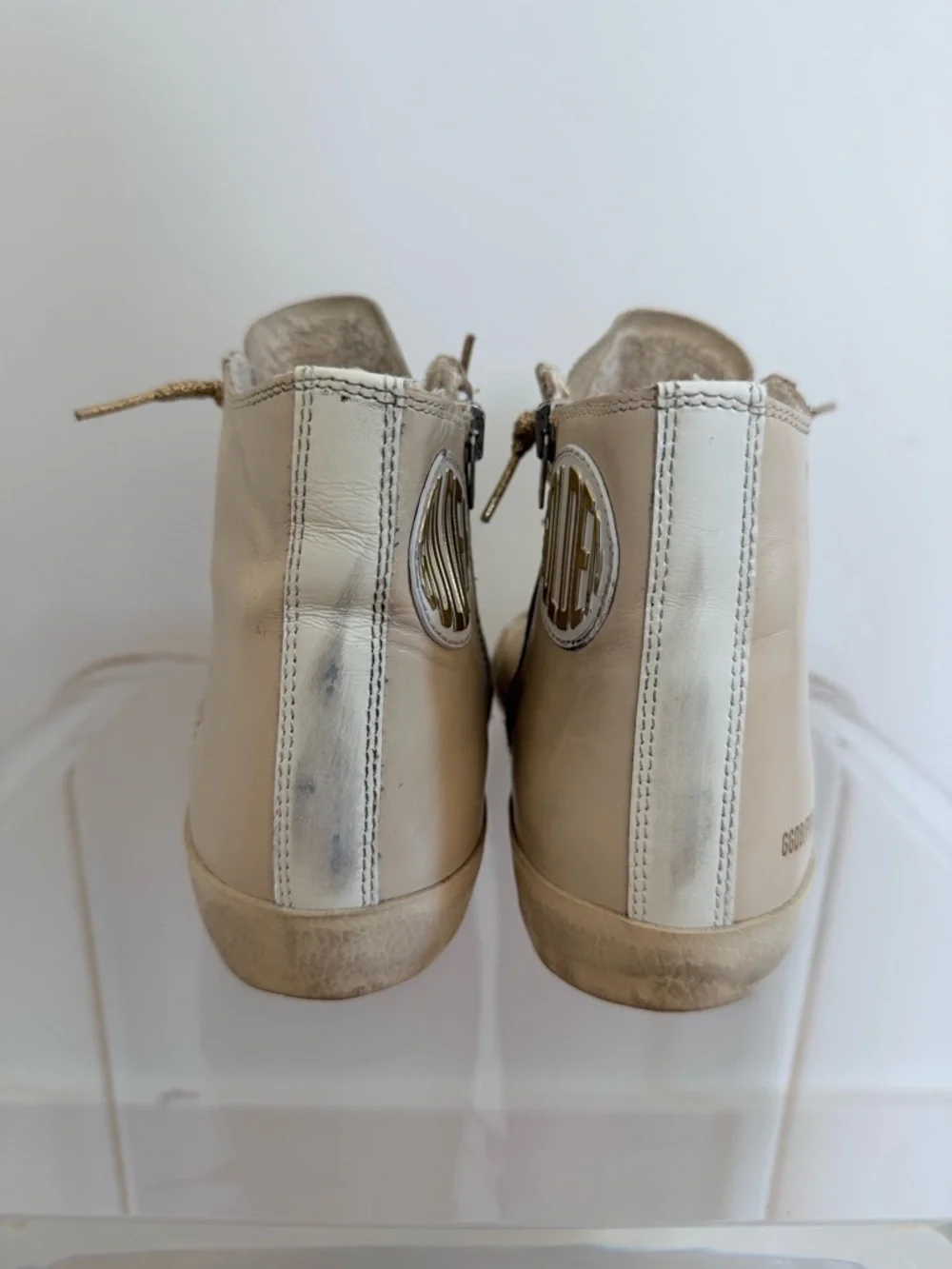 Golden Goose Cream Francy Suede High-Top Sneakers with Gold Metallic Laces - Picture 4 of 6